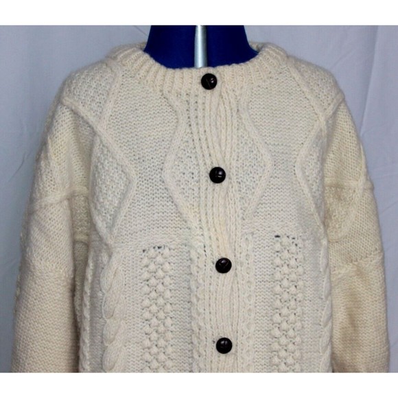 Crana Handknits Made In Ireland 100% Pure New Wool Cream Cable Knit Cardigan M - Picture 3 of 9